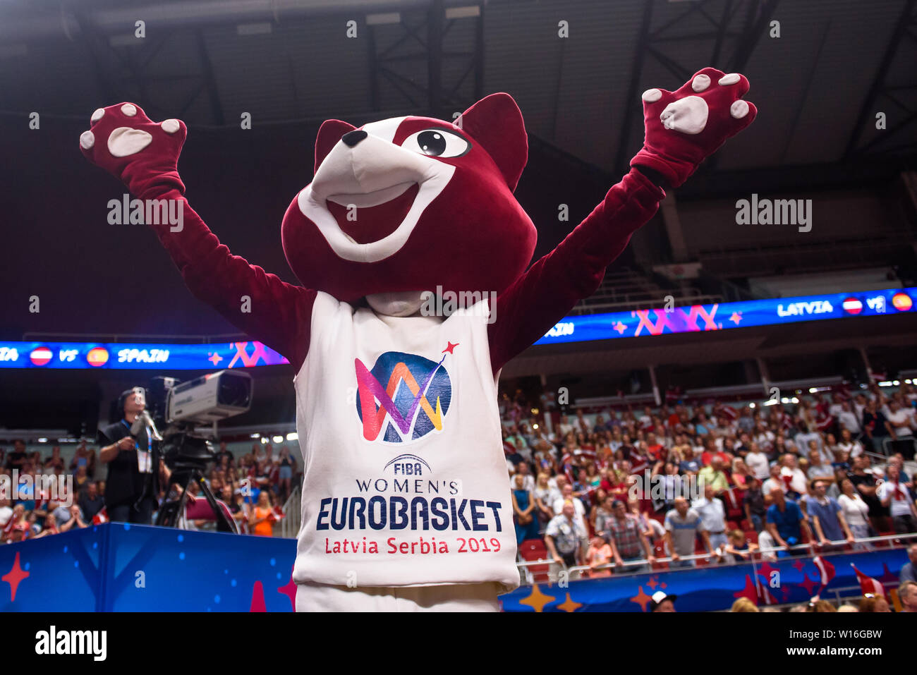 RIGA, LATVIA. 30th of June, 2019. Pick, official mascot of FIBA Eurobasket Women's 2019, European Women Basketball Championship, commonly called EuroBasket Women 2019 , game between team Latvia and team Spain in Arena Riga, Riga, Latvia. Credit: Gints Ivuskans/Alamy Live News Stock Photo