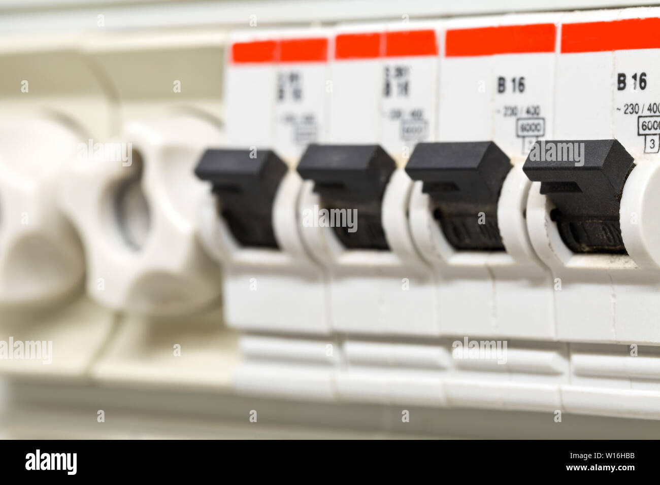 Electric circuit breaker fuse box in private home close up with selective  focus Stock Photo - Alamy