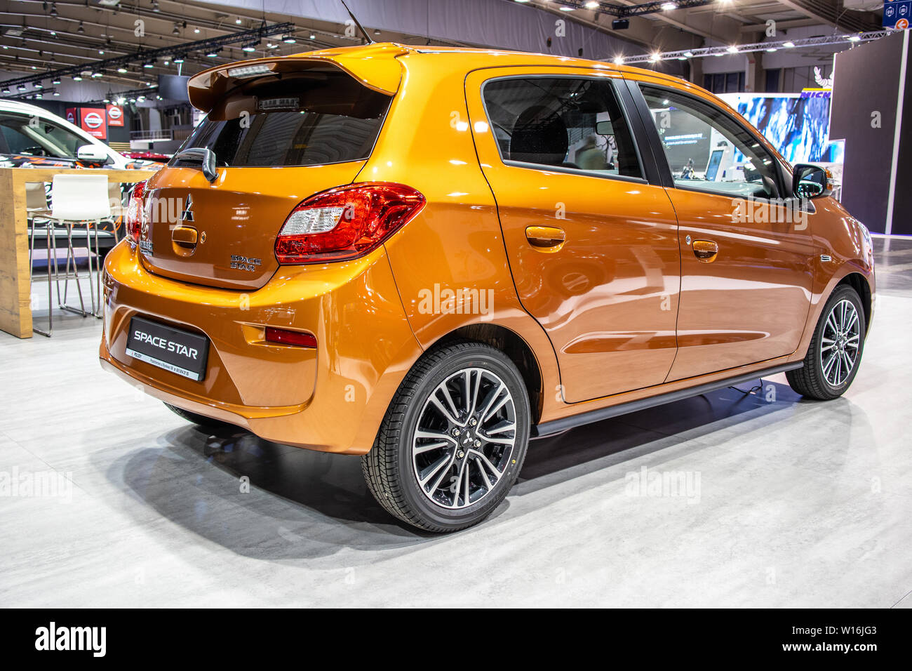 Poznan, Poland, March 2019 orange Mitsubishi Space Star ClearTec, Poznan International Motor Show, small car produced by Japanese automaker Mitsubishi Stock Photo