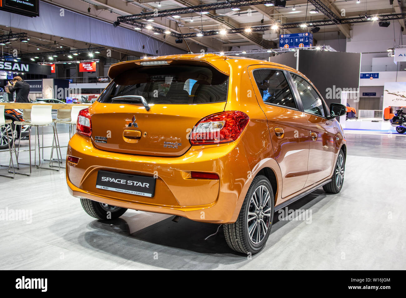 Poznan, Poland, March 2019 orange Mitsubishi Space Star ClearTec, Poznan International Motor Show, small car produced by Japanese automaker Mitsubishi Stock Photo