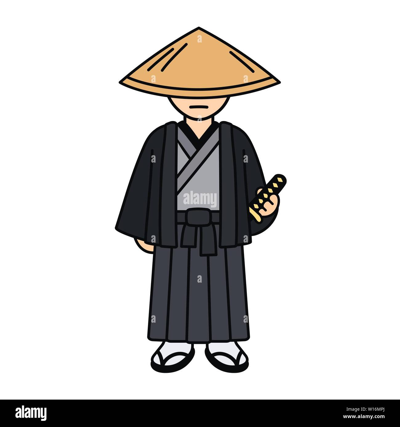 Cartoon samurai character drawing in traditional kimono and straw hat. Japanese warrior with katana sword, isolated vector clip art illustration. Stock Vector