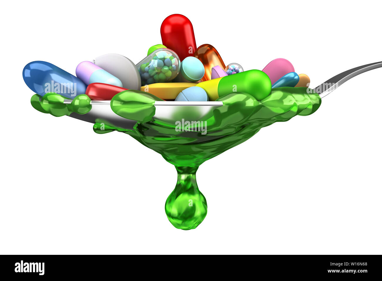 Dose of colorful pills and medicine in spoon - 3d render Stock Photo
