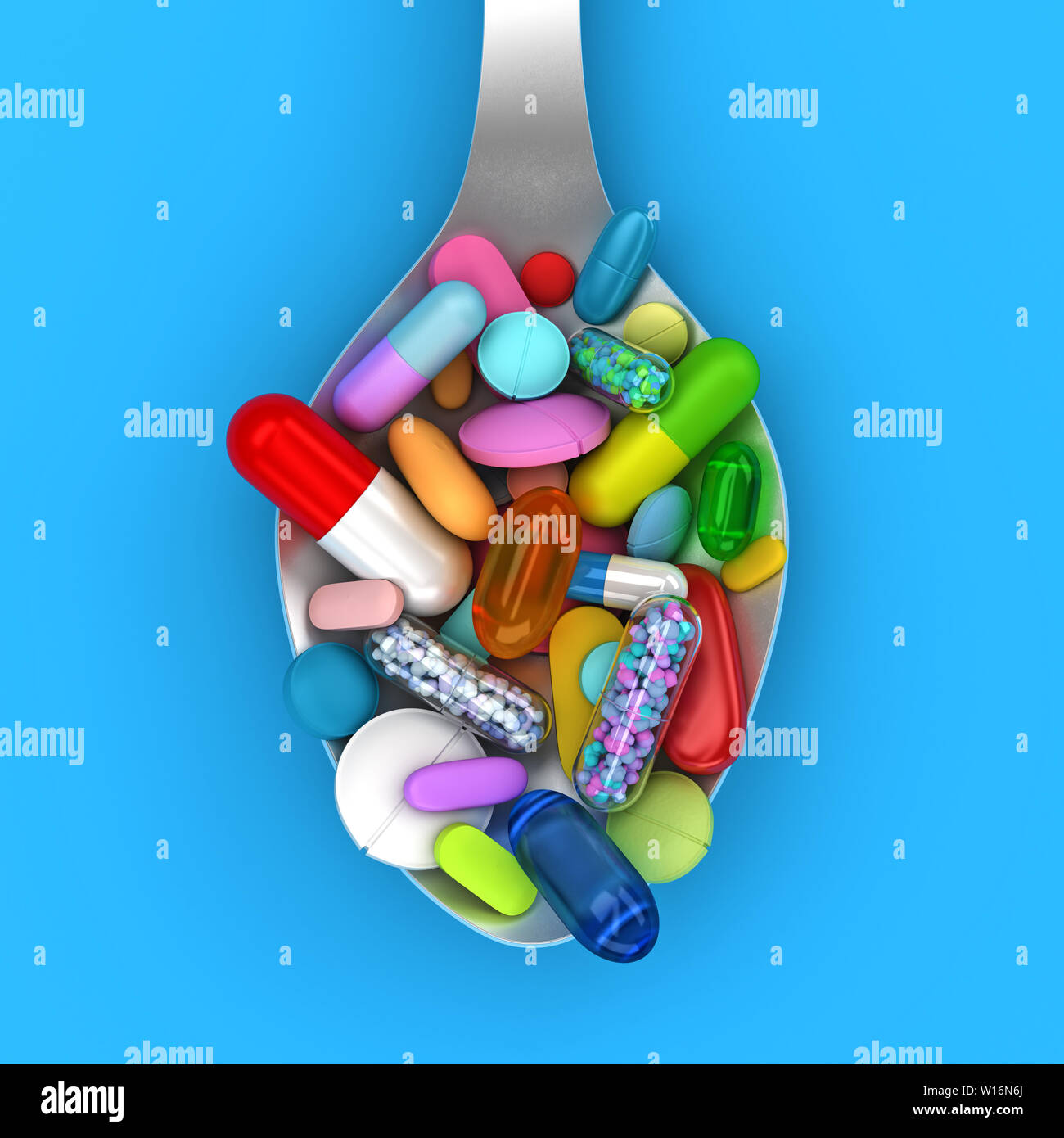 Dose of colorful pills in spoon - 3d render Stock Photo