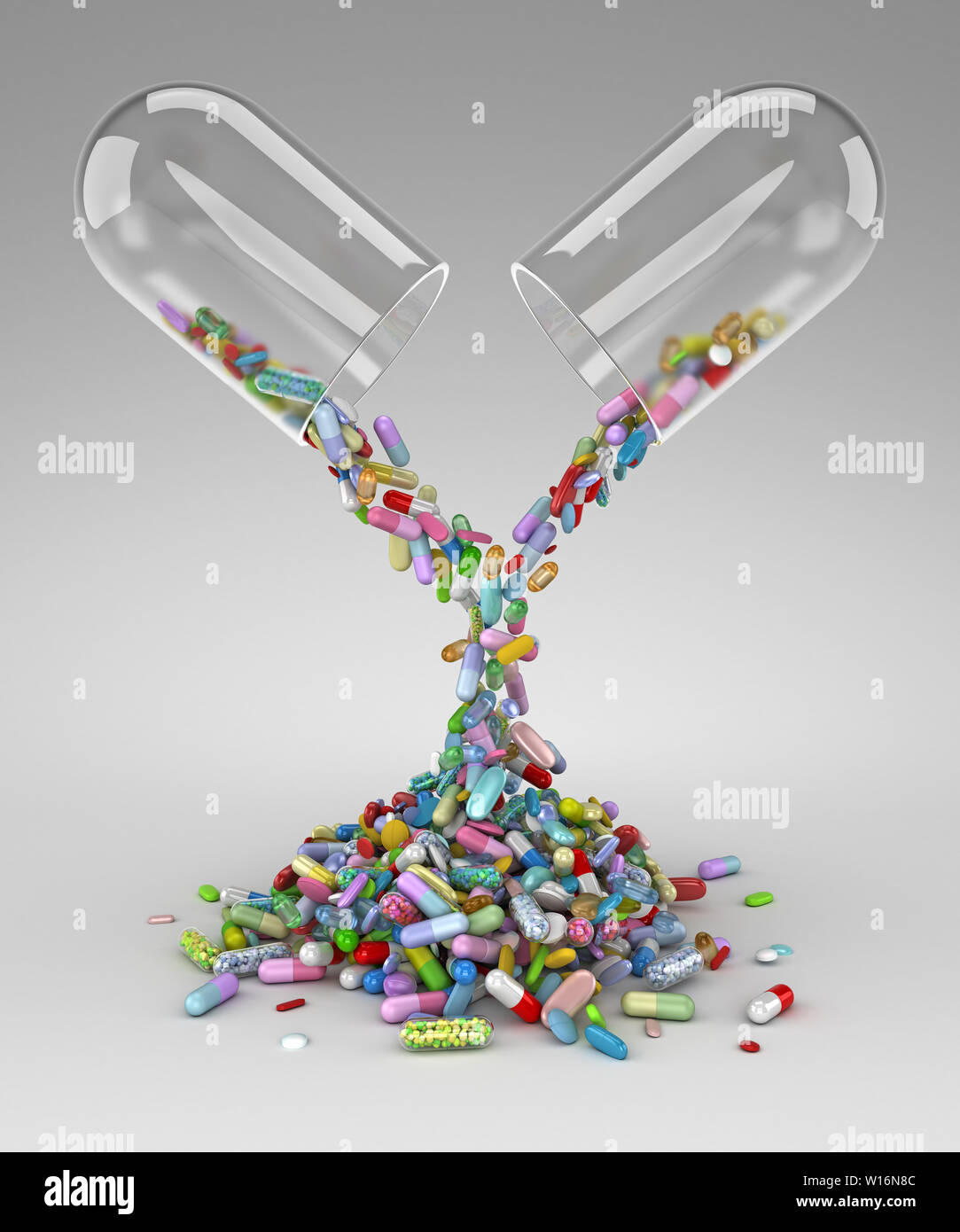 Large pill emptying a pile of colorful pills - 3d render Stock Photo