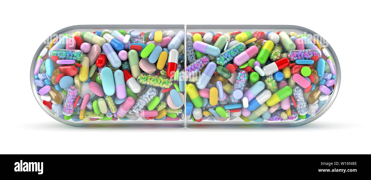 Large pill filled with colorful pills - 3d render Stock Photo
