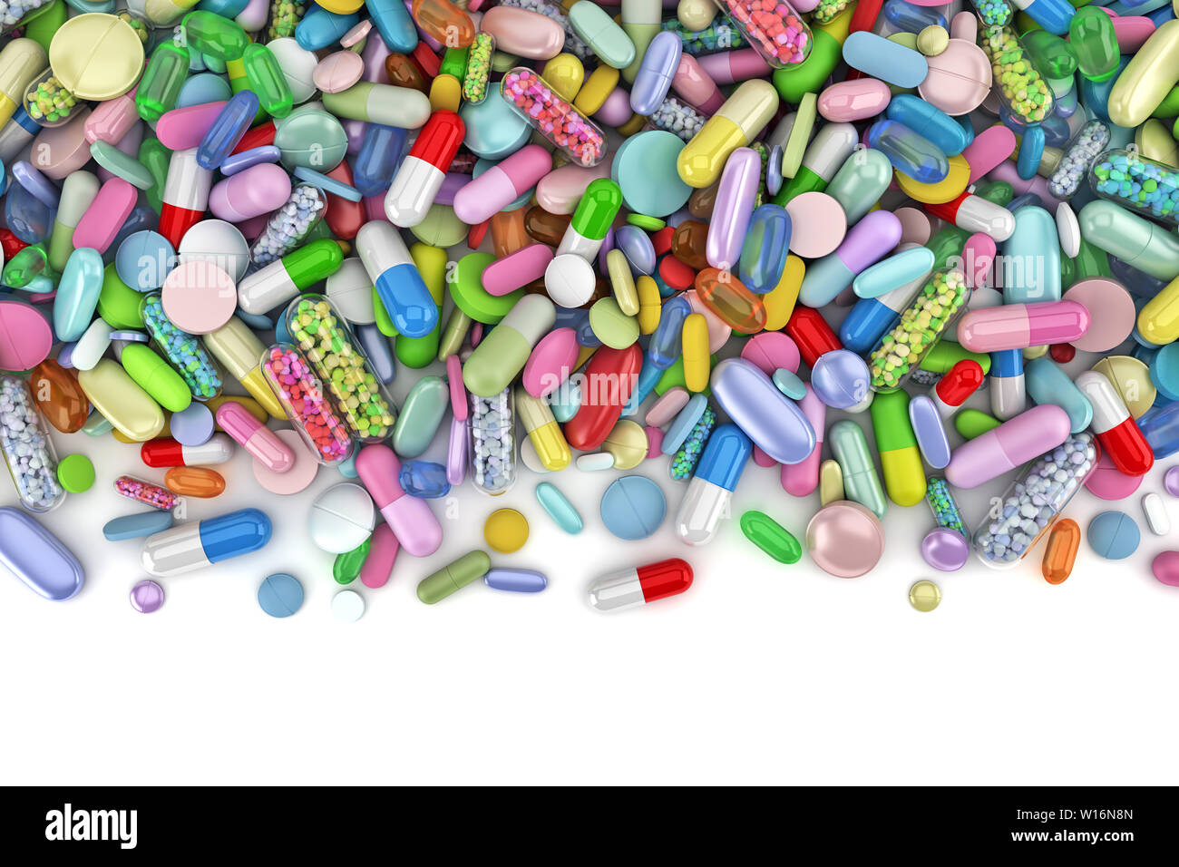 Healthcare themed pile of colorful pills - 3d render Stock Photo