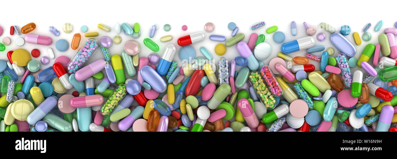 Healthcare themed pile of colorful pills - 3d render Stock Photo