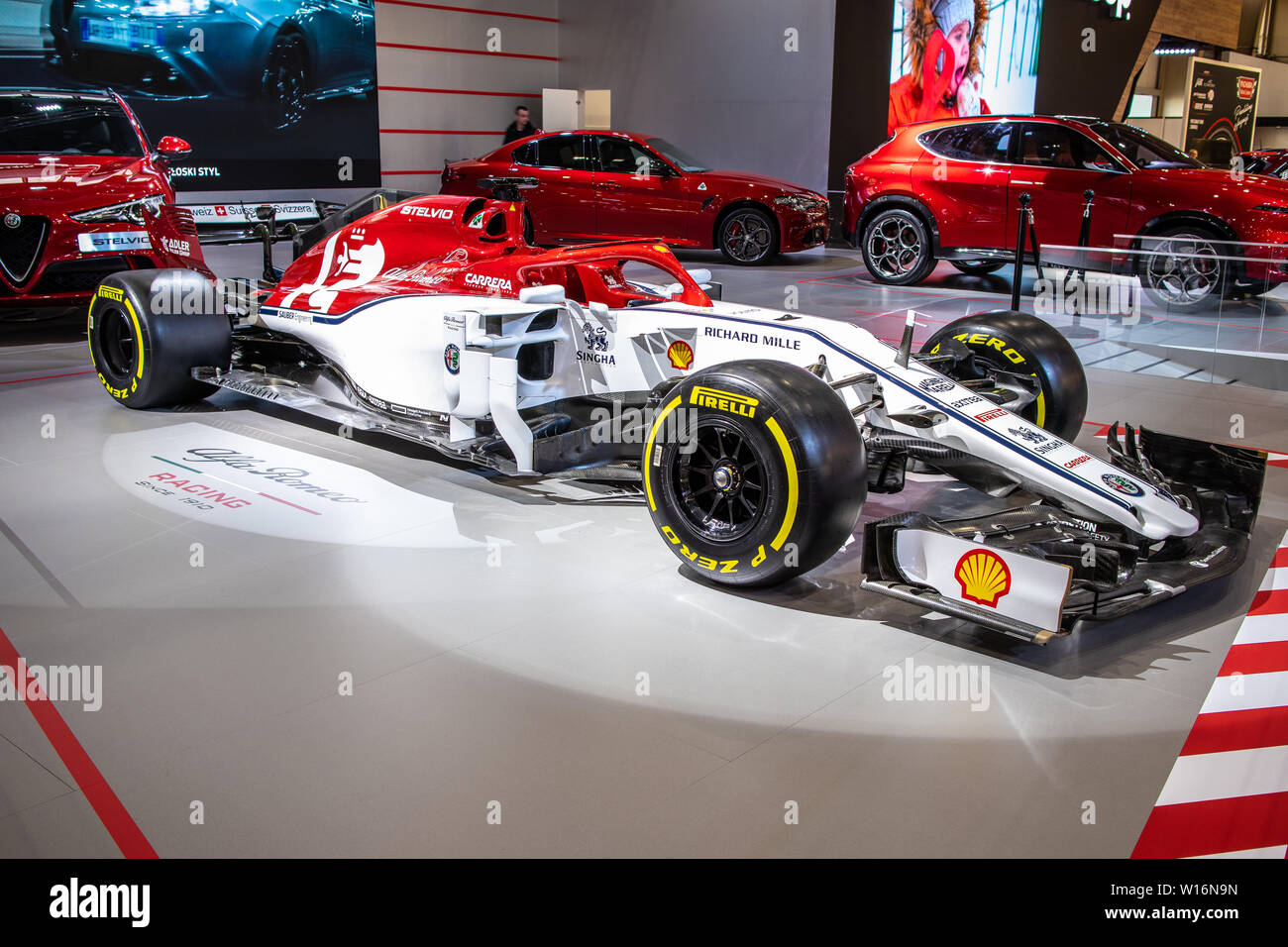 Poznan, Poland, March 2019 Alfa Romeo Racing C38 F1 bolid car at Poznan International Motor Show, Formula 1 racing car from Alfa Romeo Stock Photo