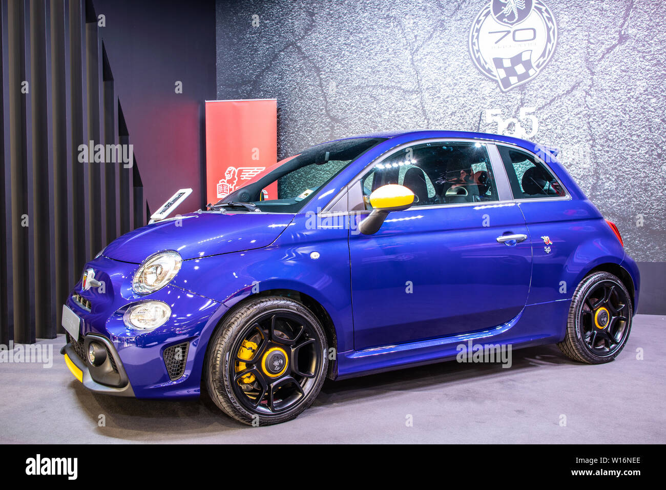 Poznan, Poland, March 2019: metallic blue Fiat 500 Abarth 595 Pista ...