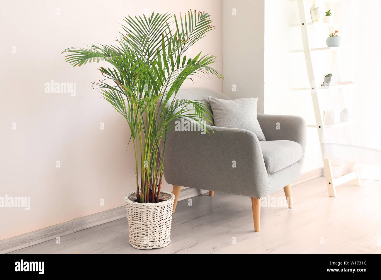 Interior of light modern room with comfortable armchair Stock Photo - Alamy