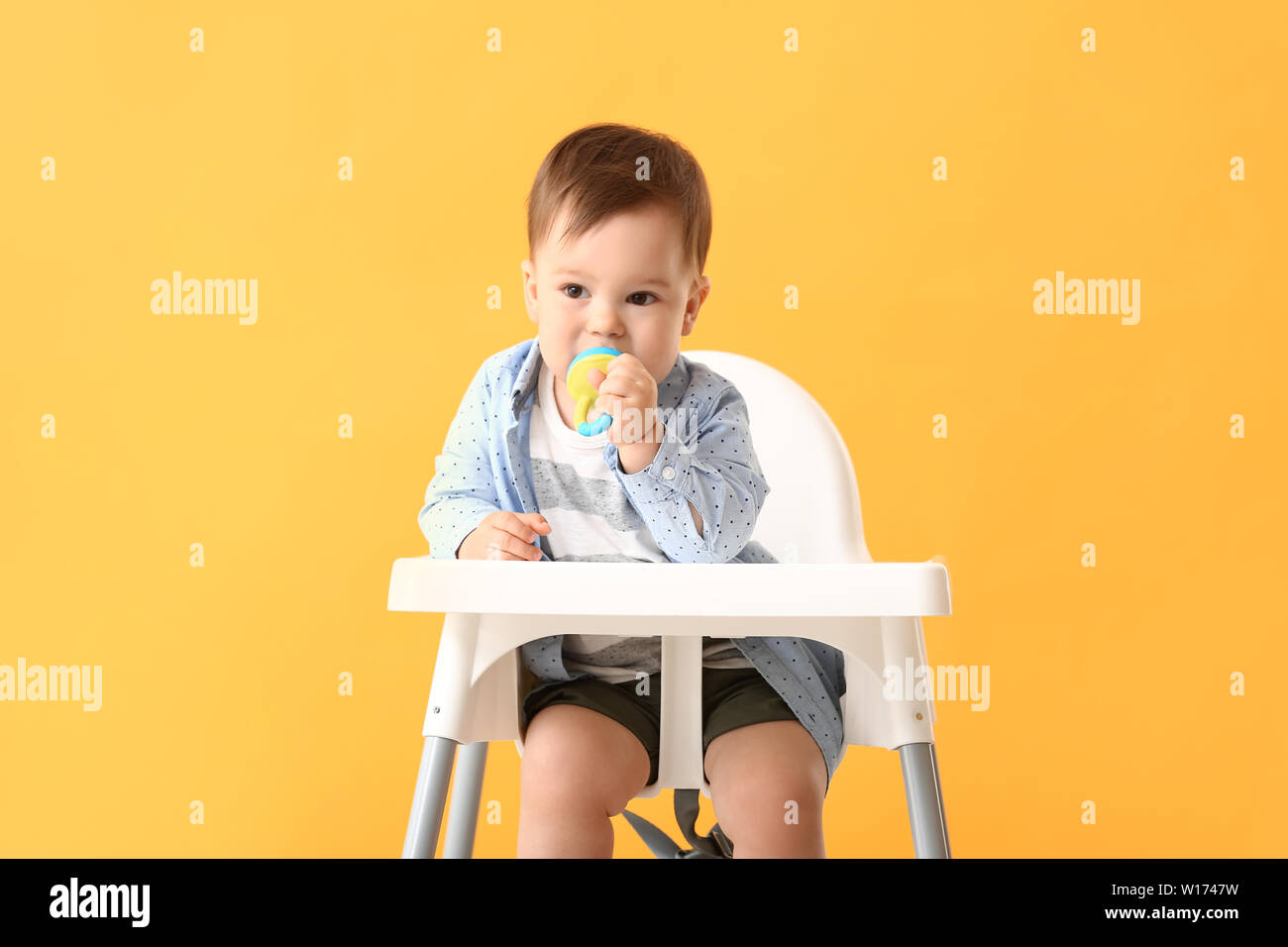 Cute little boy with nibbler sitting in high chair against color
