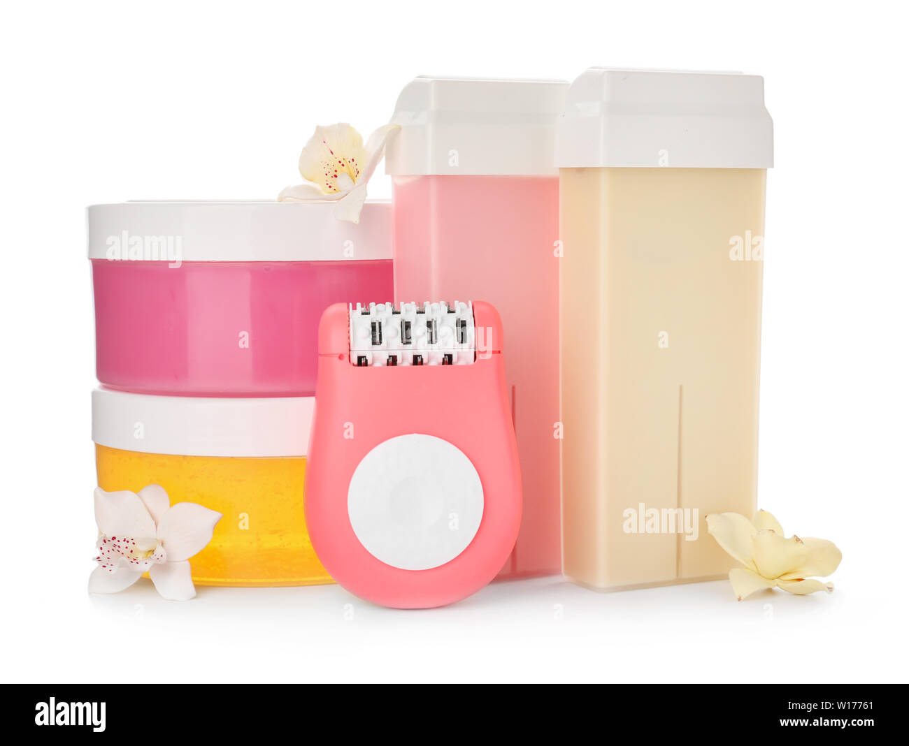 Wax, sugaring paste and epilator on white background Stock Photo Alamy