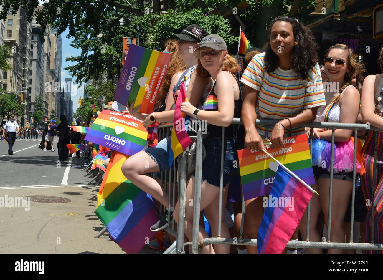 Millions of people from New York and all around the world participated at the World Pride Parade along Fifth Avenue in New York City on June 30, 2019. Stock Photo