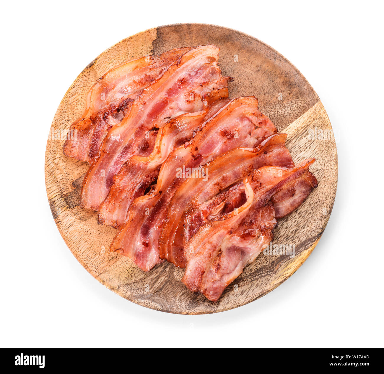 Plate with fried bacon on white background Stock Photo - Alamy