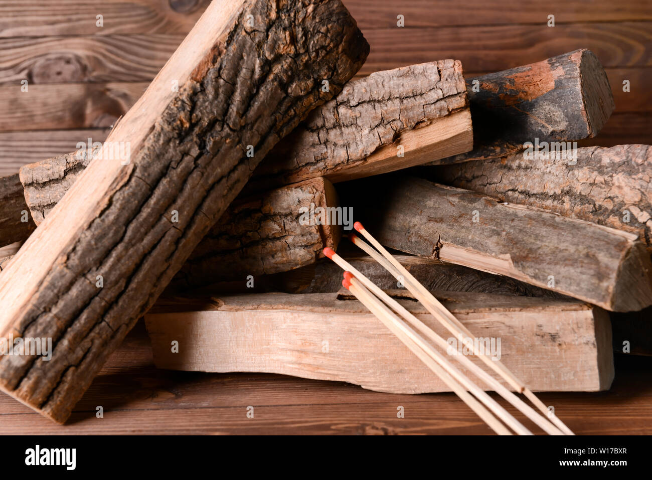 Many Wooden Logs And Fireplace Matches Stock Photo 258933215 Alamy