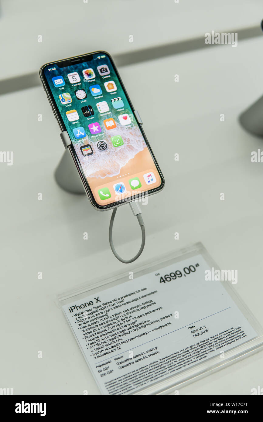Lodz, Poland, July 2018 inside Saturn electronic store, Apple iPhone X on  display for sale, produced by Apple Inc. American technology company Stock  Photo - Alamy