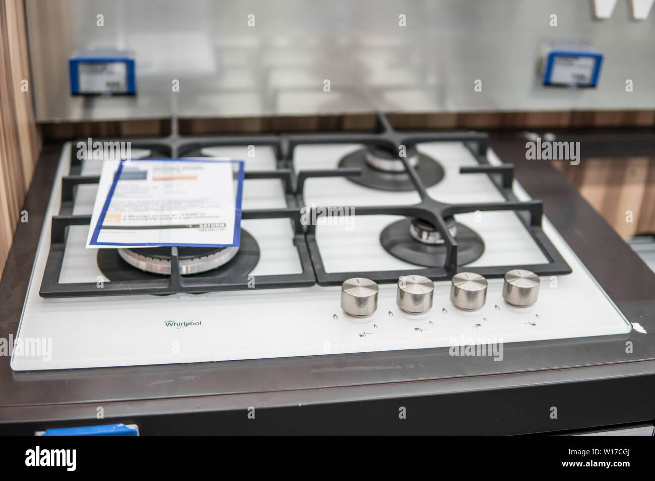 Lodz, Poland, July 2018 inside Saturn electronic store, Whirlpool gas hobs produced by Whirlpool Corporation American manufacturer of home appliances Stock Photo