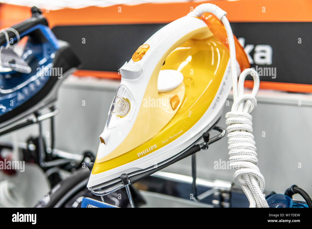Lodz, Poland, July 9, 2018 inside Saturn electronic store, Philips Azur  Performer Steam iron for ironing, Anti-calc, SteamGlide Plus soleplate  Stock Photo - Alamy