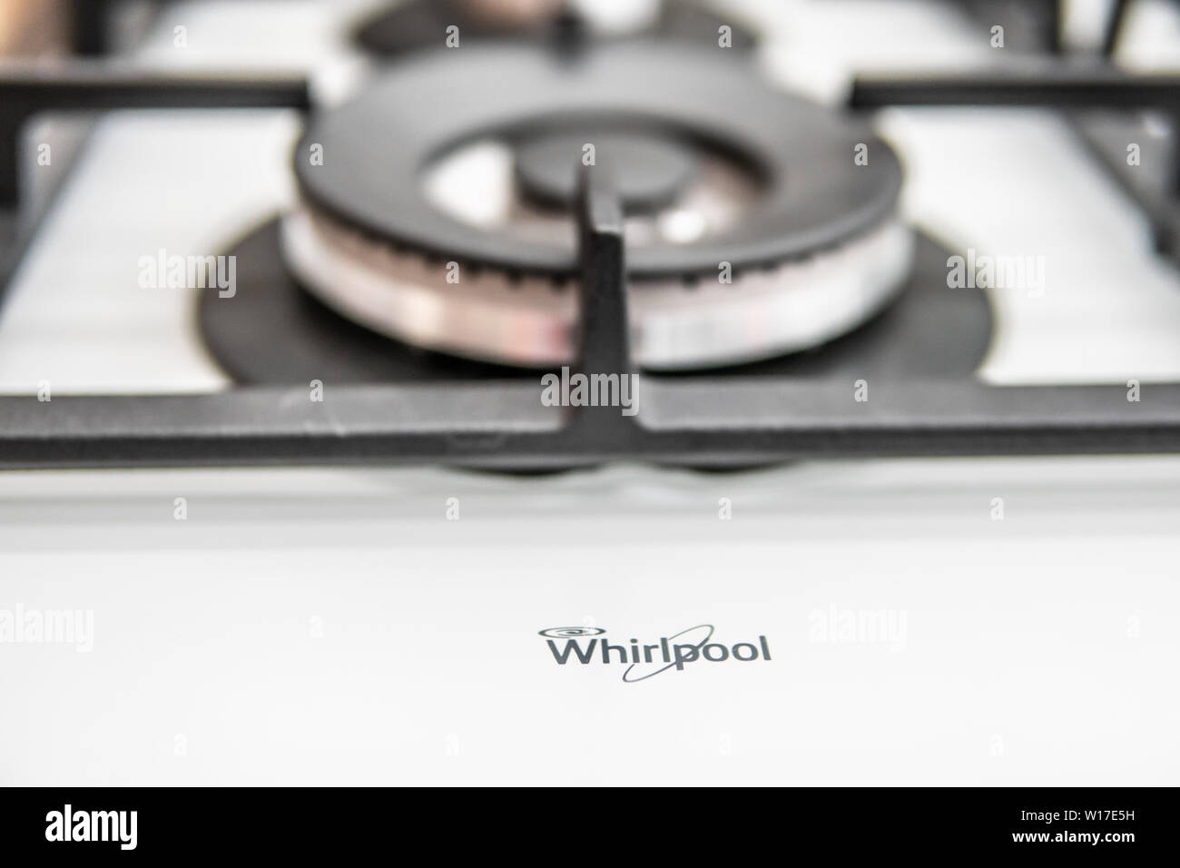 Lodz, Poland, July 2018 inside Saturn electronic store, Whirlpool gas hobs produced by Whirlpool Corporation American manufacturer of home appliances Stock Photo