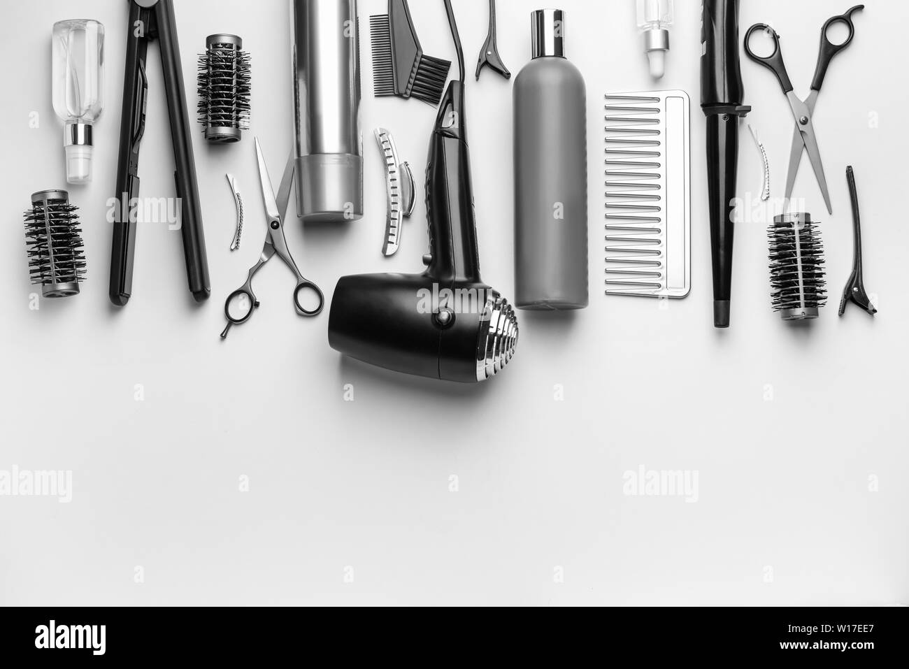Set Of Hairdresser Tools And Accessories On White Background Stock
