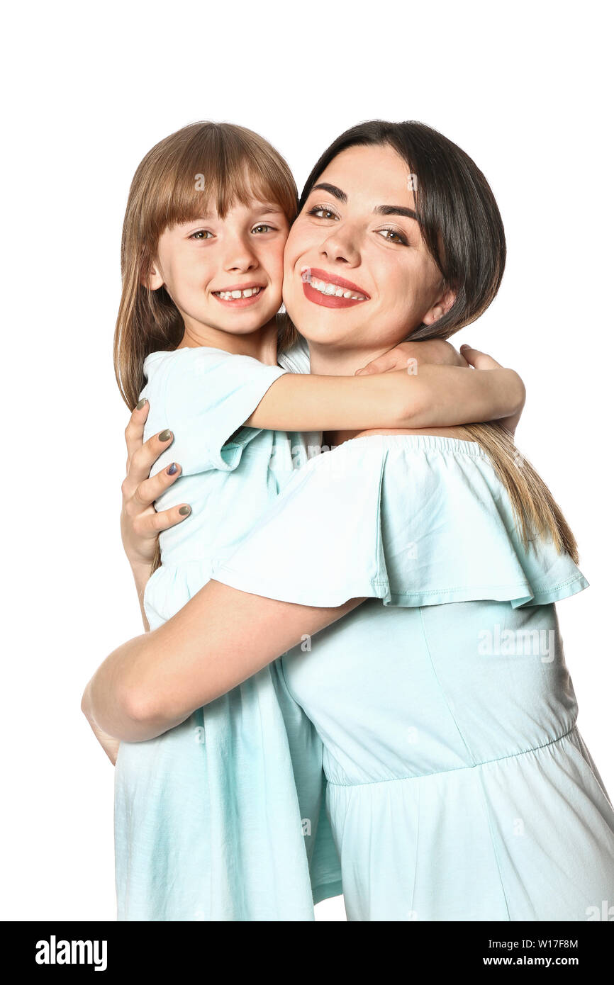 Portrait of happy mother and daughter on white background Stock Photo ...