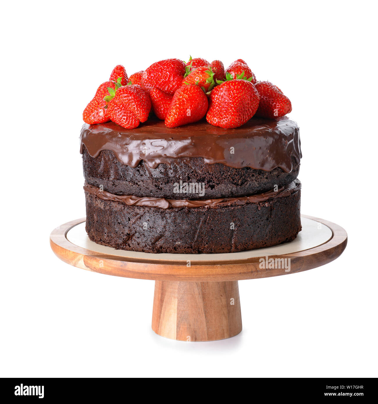 Tasty chocolate cake with strawberry on white background Stock Photo ...