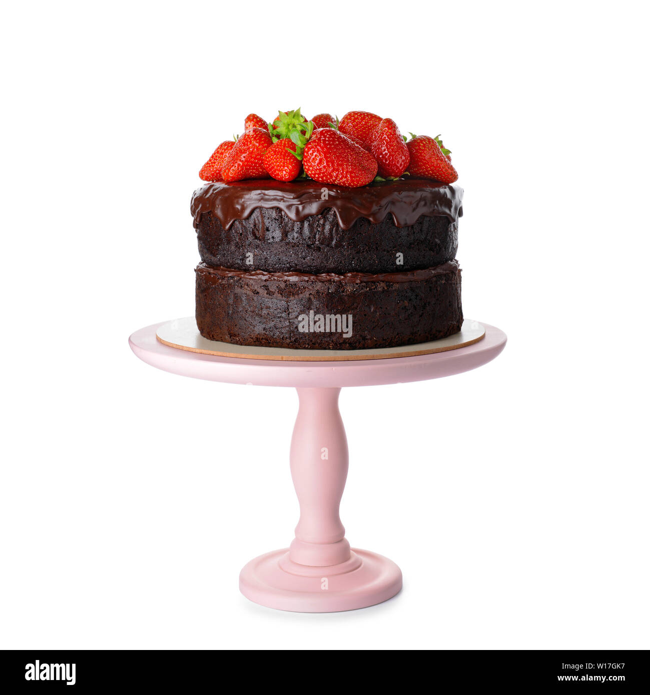 Tasty chocolate cake with strawberry on white background Stock Photo ...