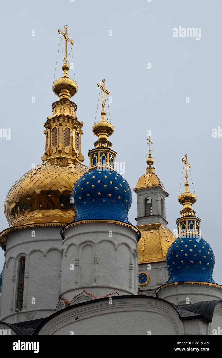 Tobolsk Russia, St Sophia Assumption Cathedral ornate gold and blue domes topped with crosses Stock Photo