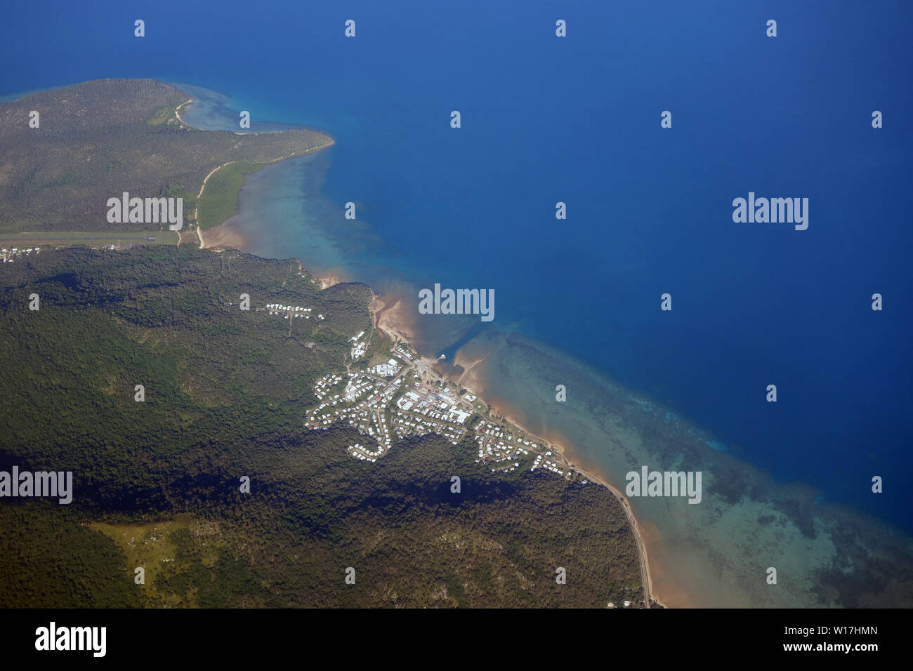 Aerial view of Palm Island community including barge terminal, near Townsville, Queensland, Australia. No PR Stock Photo
