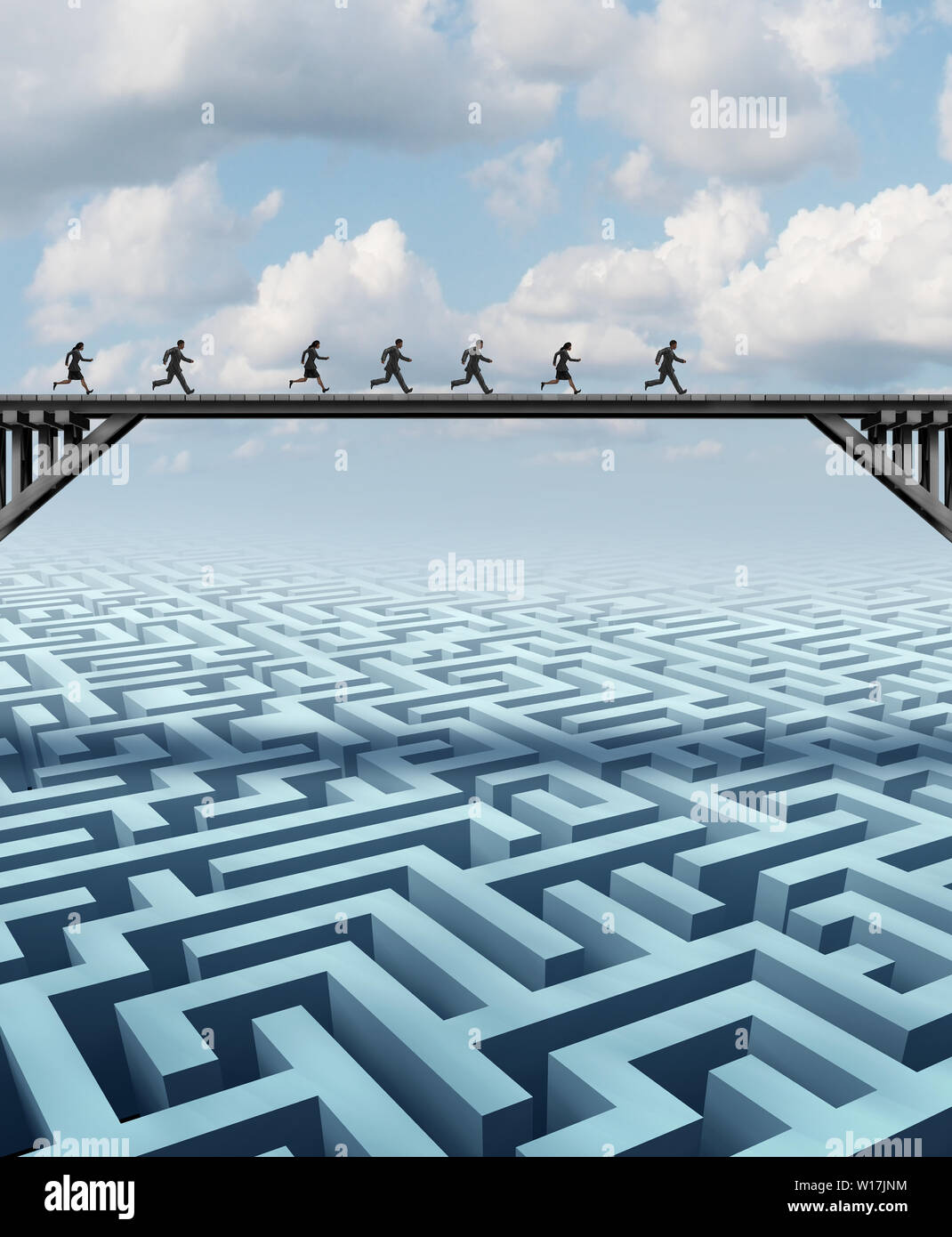 Corporate success concept to rise above challenges of business and life with businesspeople crossing a bridge over a confusing maze or labyrinth as a Stock Photo