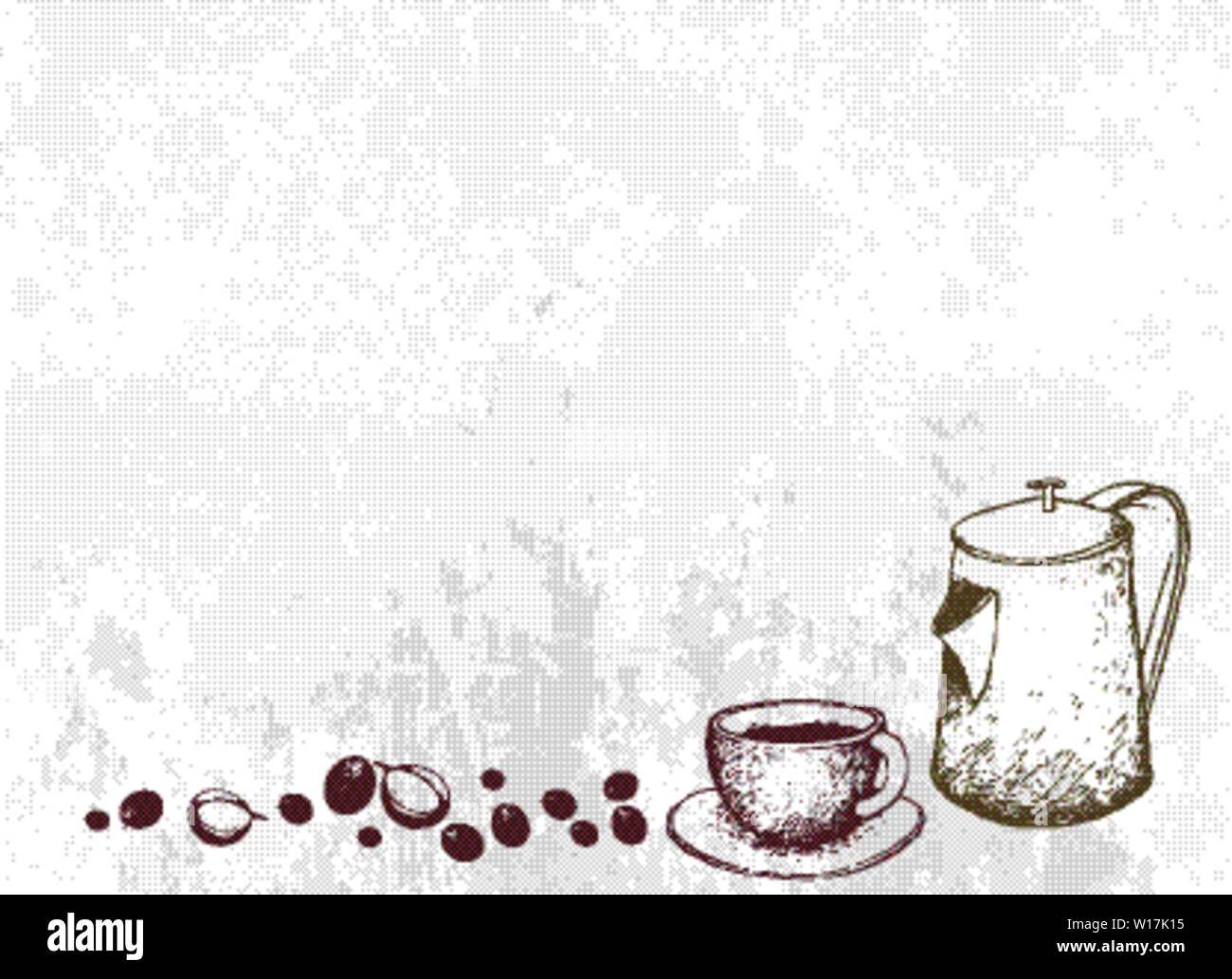 Illustration Hand Drawn Sketch of Coffee Beans with Vintage Metal Pot ...