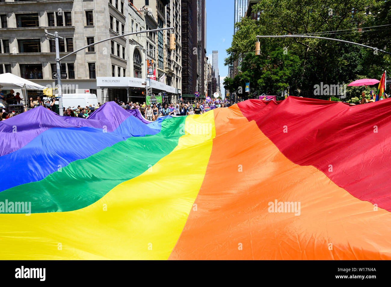A huge LGBT rainbow flag during the New York City Pride March on Fifth