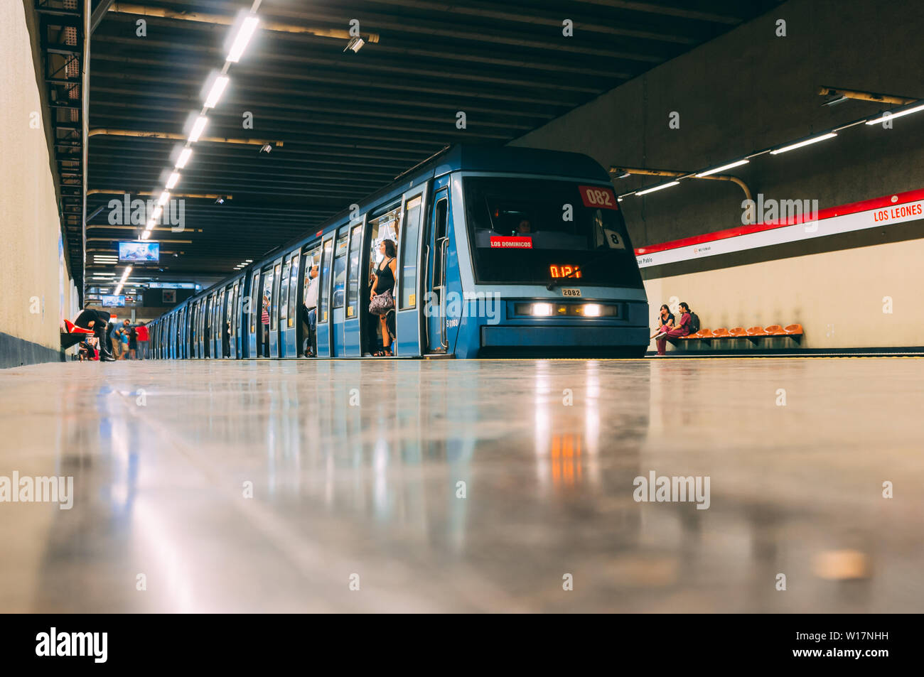 SANTIAGO, CHILE - MARCH 2016: A Santiago Metro NS93, MP89 Paris Metro based, at Los Leones station Stock Photo