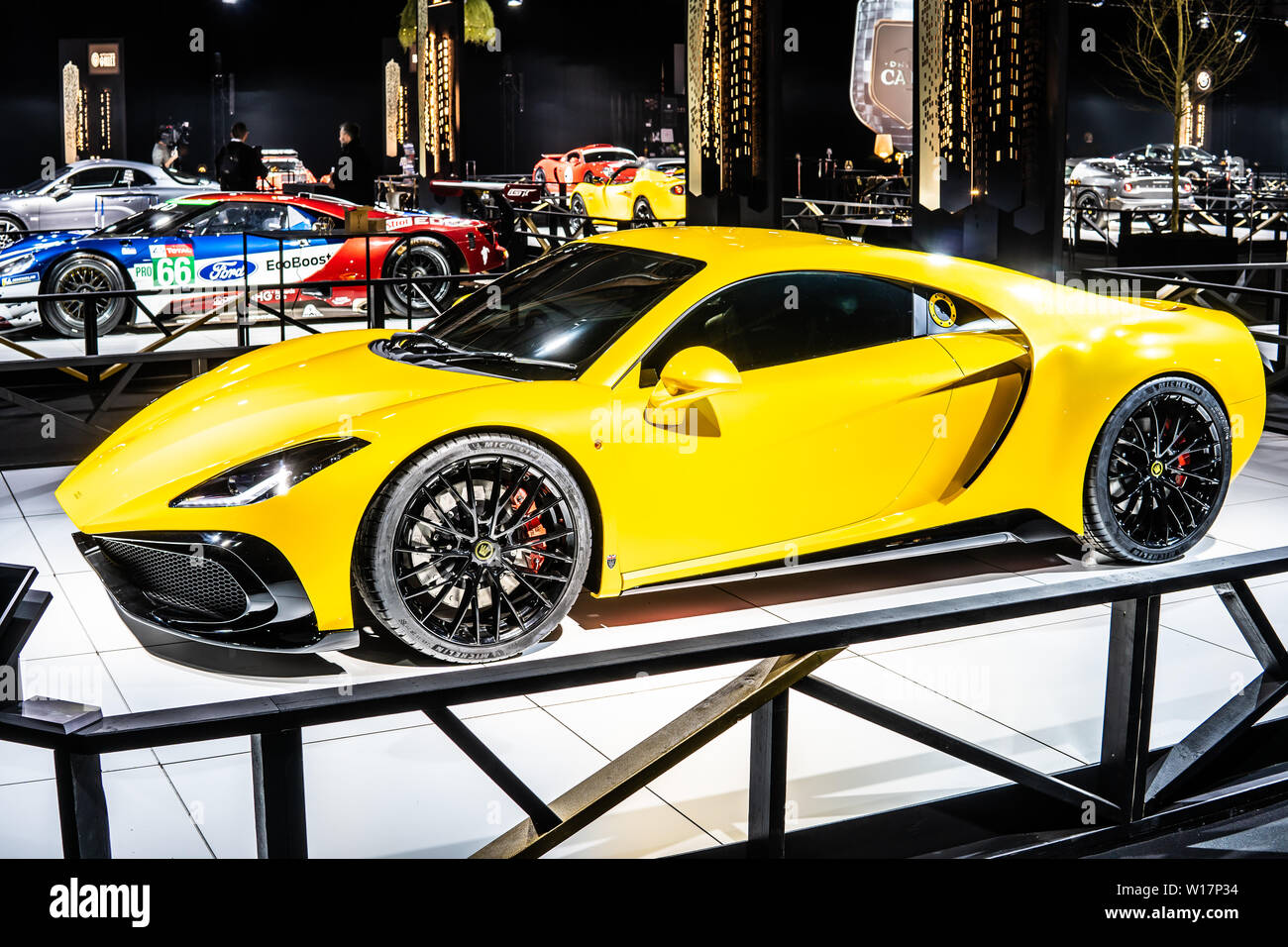 Brussels, Belgium, Jan 18, 2019: metallic yellow Noble M500 British supercar at Brussels Motor Show, produced by Noble Automotive Ltd Stock Photo