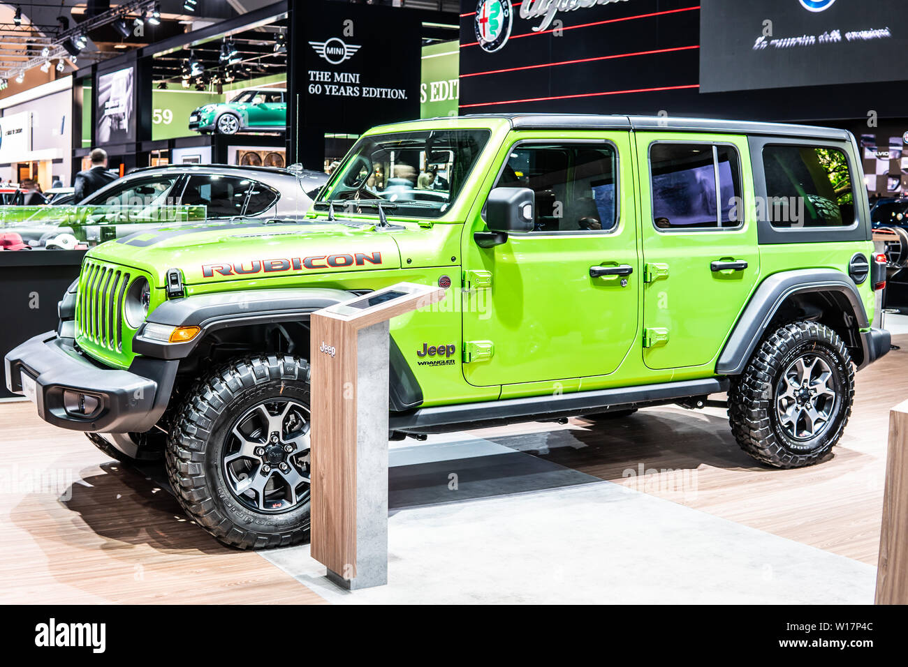 Brussels, Belgium, Jan 2019 green Jeep Wrangler Rubicon at Brussels Motor  Show, four-wheel drive off-road vehicle manufactured by Jeep Stock Photo -  Alamy