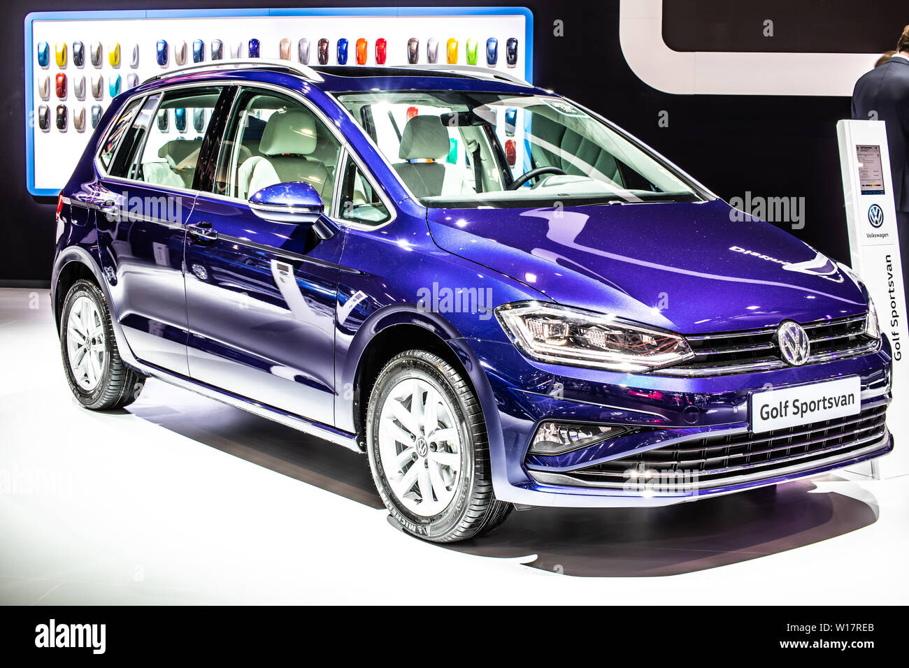 Brussels, Belgium, Jan 2019 blue Volkswagen VW New Golf Sportsvan, Brussels  Motor Show, MK7 MQB 7th gen produced by Volkswagen Group Stock Photo - Alamy