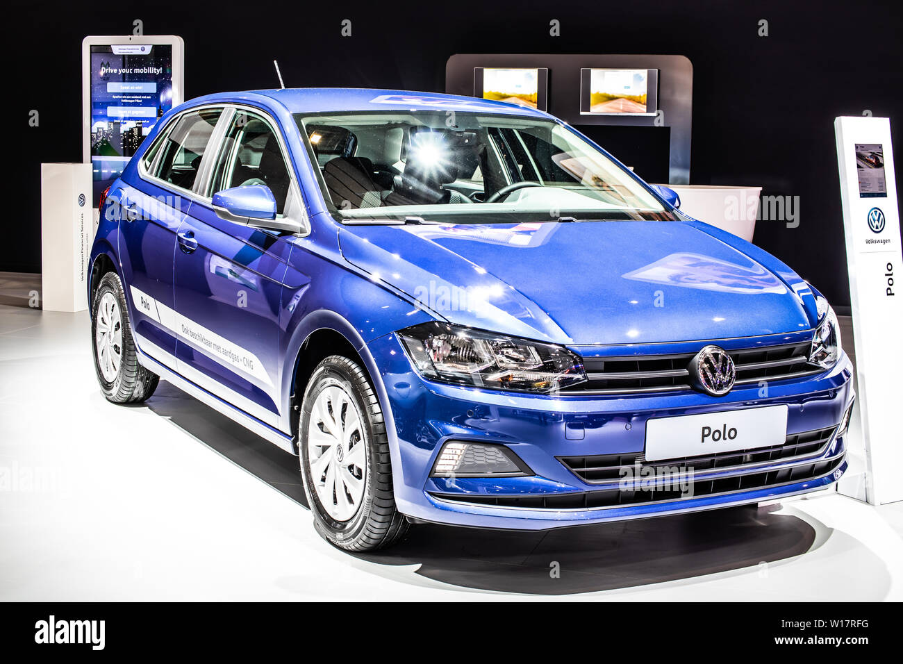 linen base Melodic Brussels, Belgium, Jan 2019: Volkswagen VW Polo at Brussels Motor Show,  Sixth generation, Typ AW, MQB A0 platform, produced by Volkswagen Group  Stock Photo - Alamy