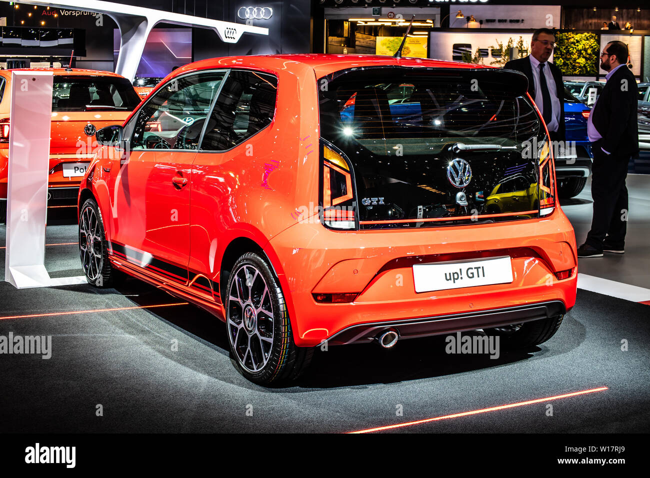 Brussels, Belgium, Jan 18, 2019: metallic red Volkswagen VW up! GTI at Brussels Motor Show,  New Small Family, NSF, city car produced by Volkswagen Stock Photo