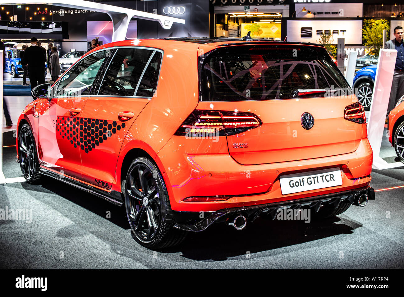 Brussels, Belgium, Jan 2019 red Volkswagen VW New Golf GTI TCR Performance,  Brussels Motor Show 7th gen MK7 MQB platform Typ 5G produced by Volkswagen  Stock Photo - Alamy