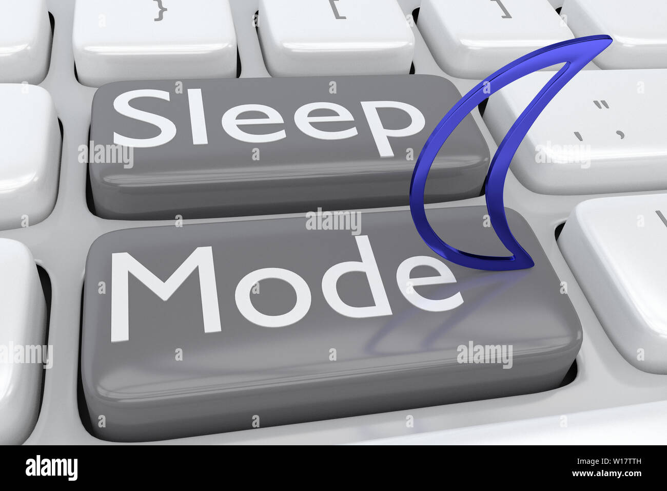 3D illustration of computer keyboard with the script Sleep Mode on two adjacent gray buttons, and Sleep Mode icon upon one of these bottons. Stock Photo