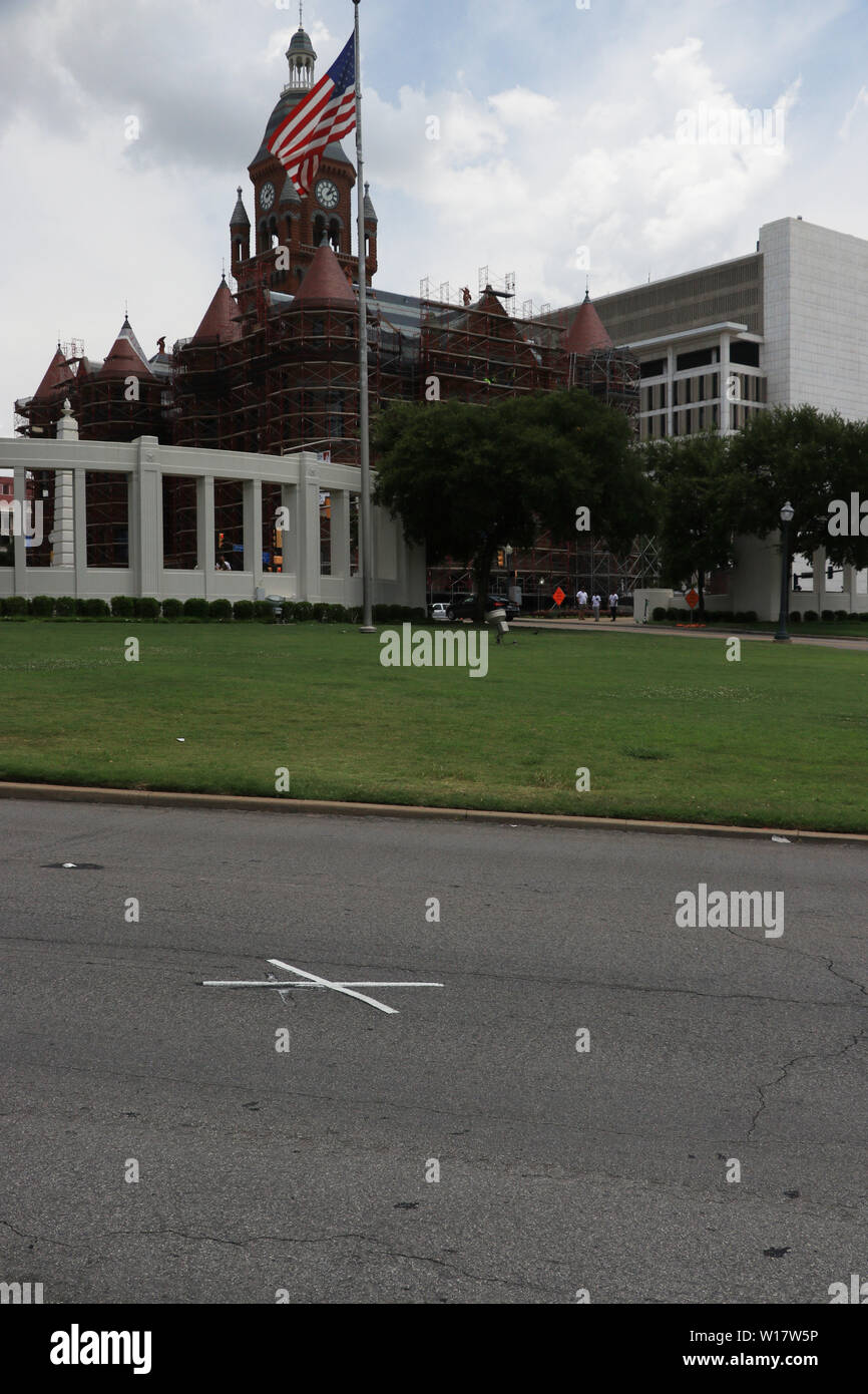 Dealey Plaza, Dallas, site of Kennedy's assassination. The location of the fatal shot with American flag in background. Stock Photo