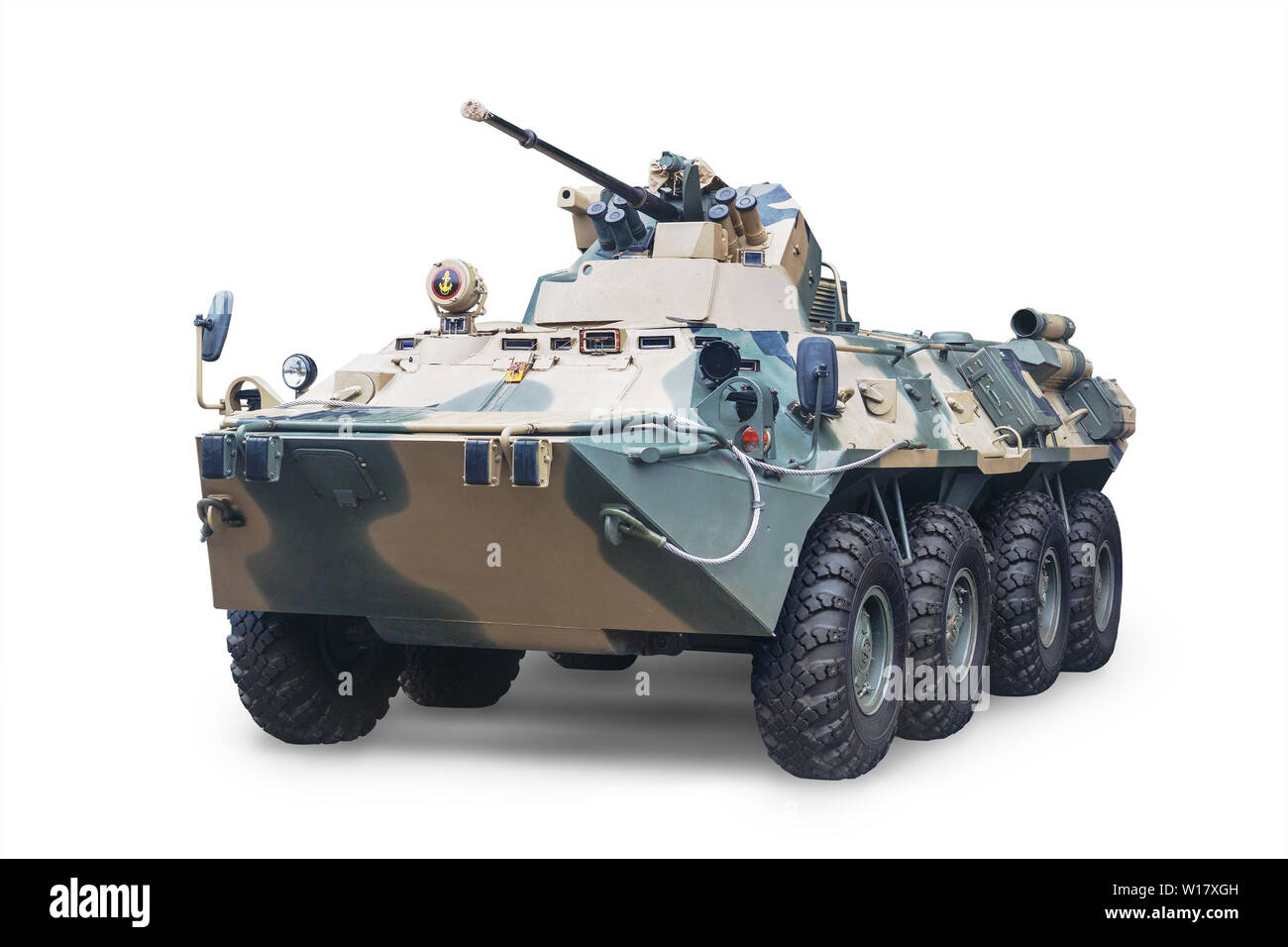 Armored personnel carrier 82-a or armored transporter, BTR-82a - transport and combat vehicle for transporting soldiers. Isolated on white background. Stock Photo