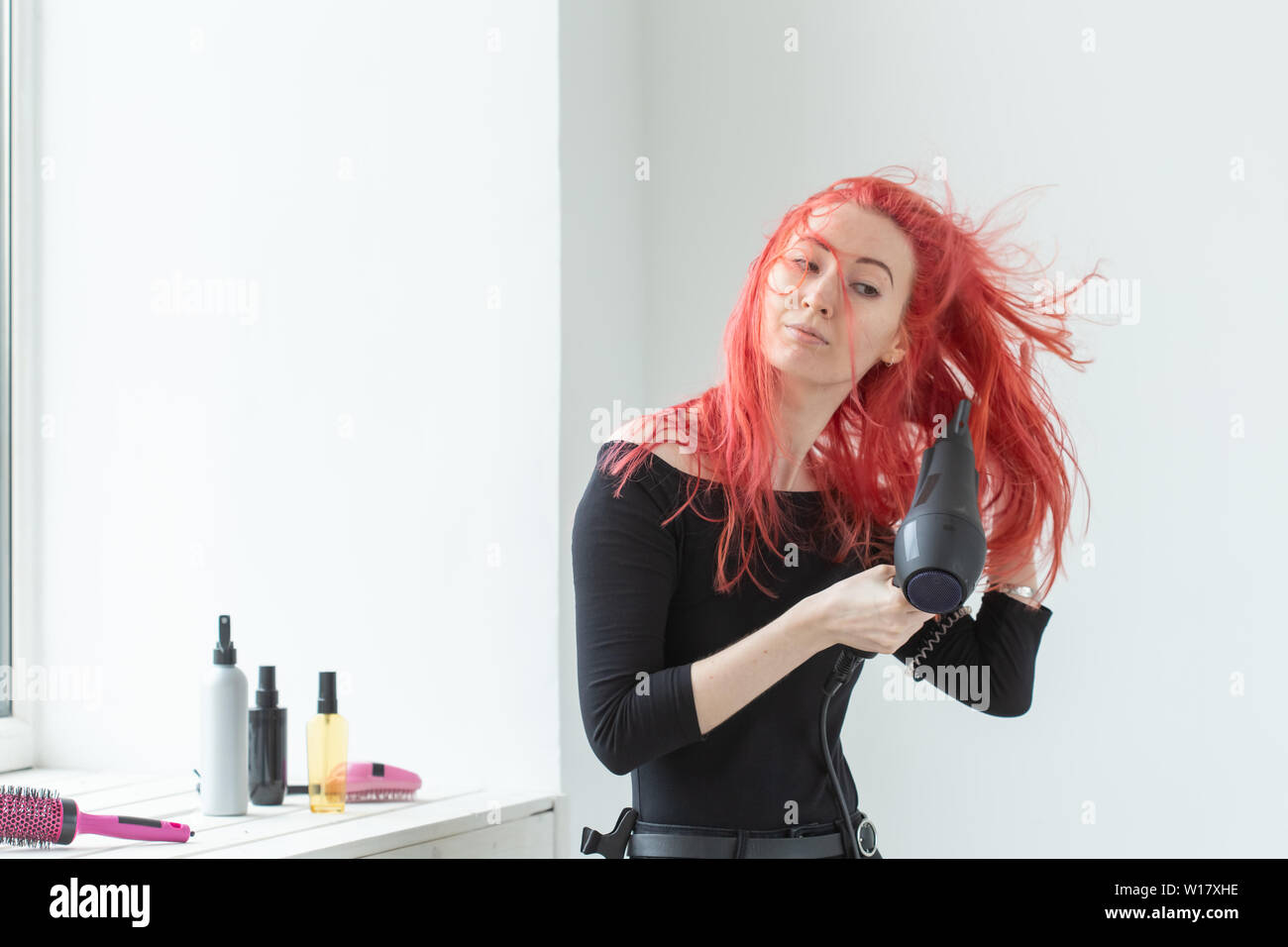 Stylist Fashion Hairdresser People Concept Woman Drying Her