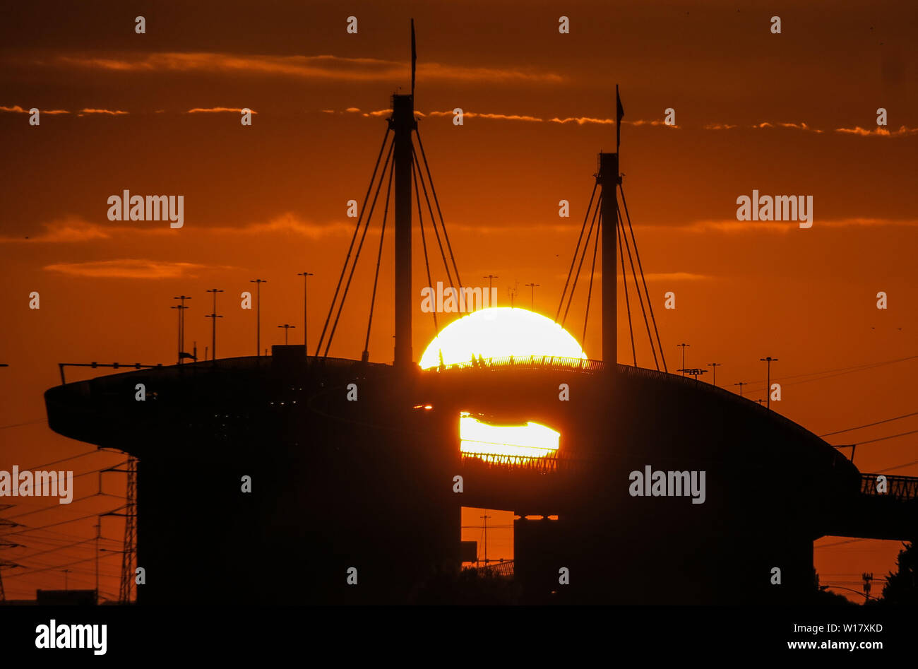 Sunset and the West Gate Bridge Melbourne Australia. Stock Photo