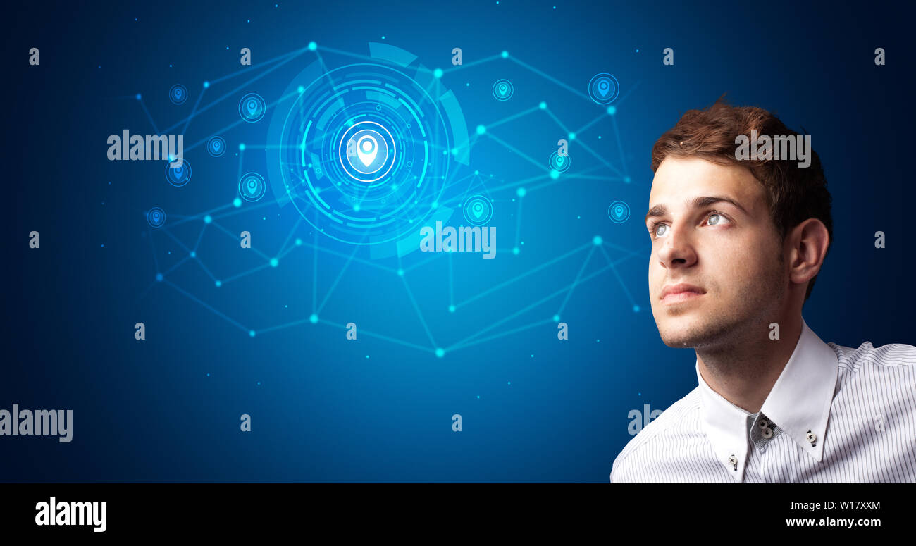Man touching hologram screen displaying keys and locks Stock Photo