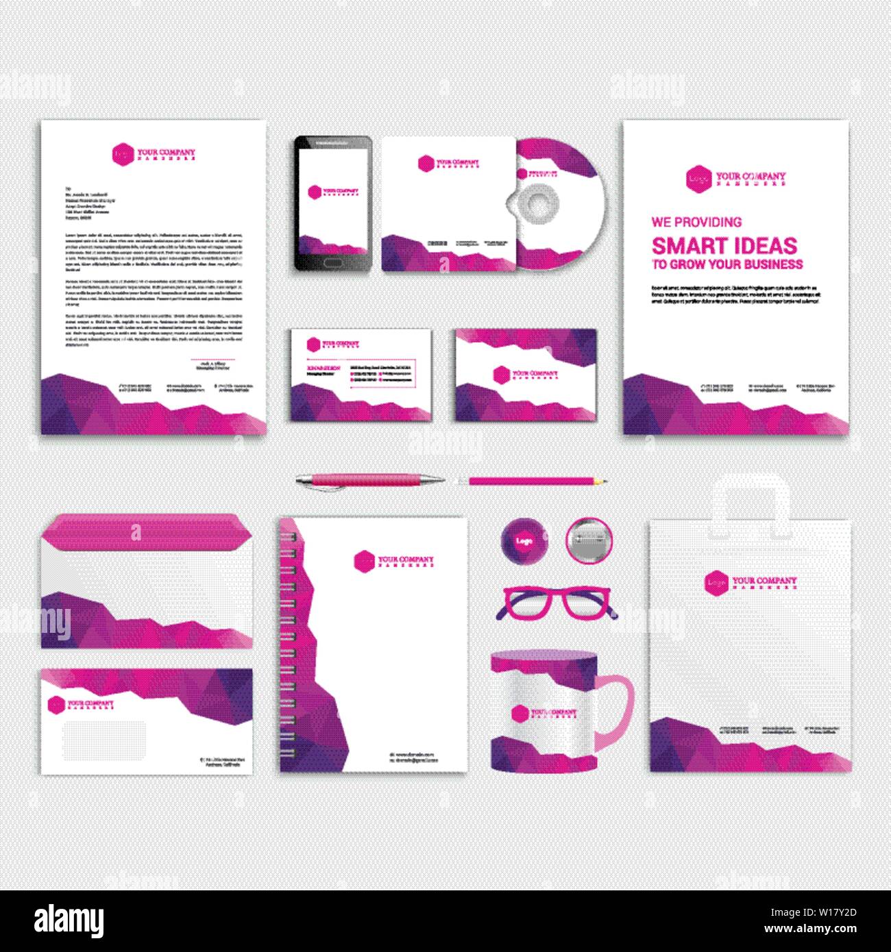 Purple and pink corporate identity template design with color geometric elements. Business stationery - vector Stock Vector