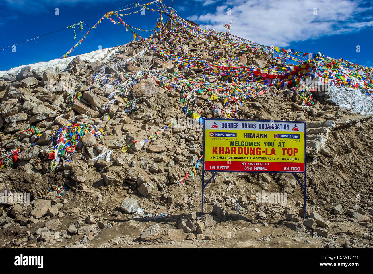 Ladakh, Jammu and Kashmir, India: Dated- May 3, 2019: A milestone at Khardungla Pass in Zanskar Range  enroute Ladakh Stock Photo
