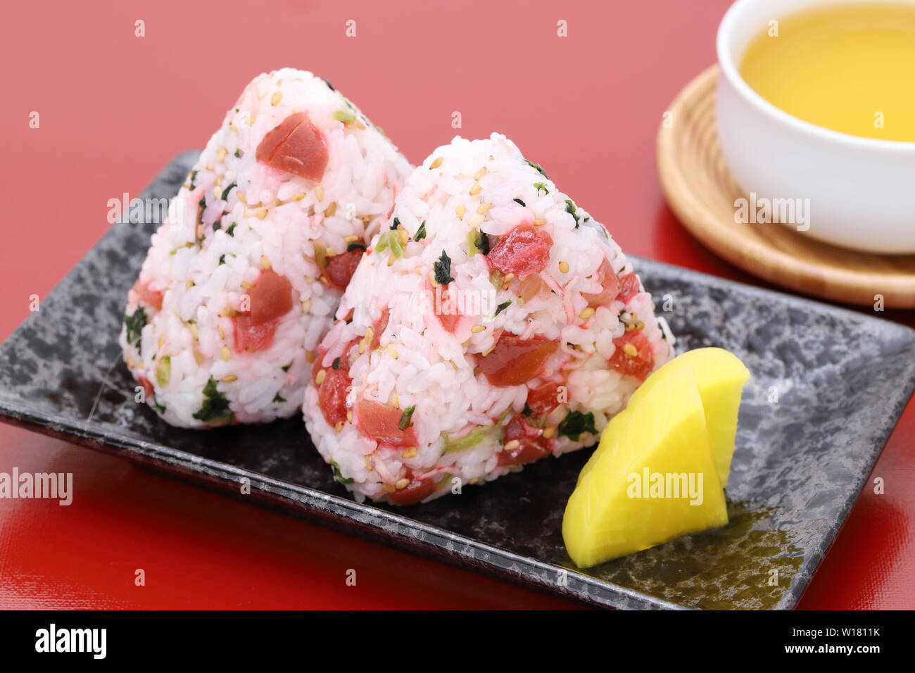 Onigiri, Japanese food, rice ball, rice triangle with umeboshi shirasu Stock Photo Alamy