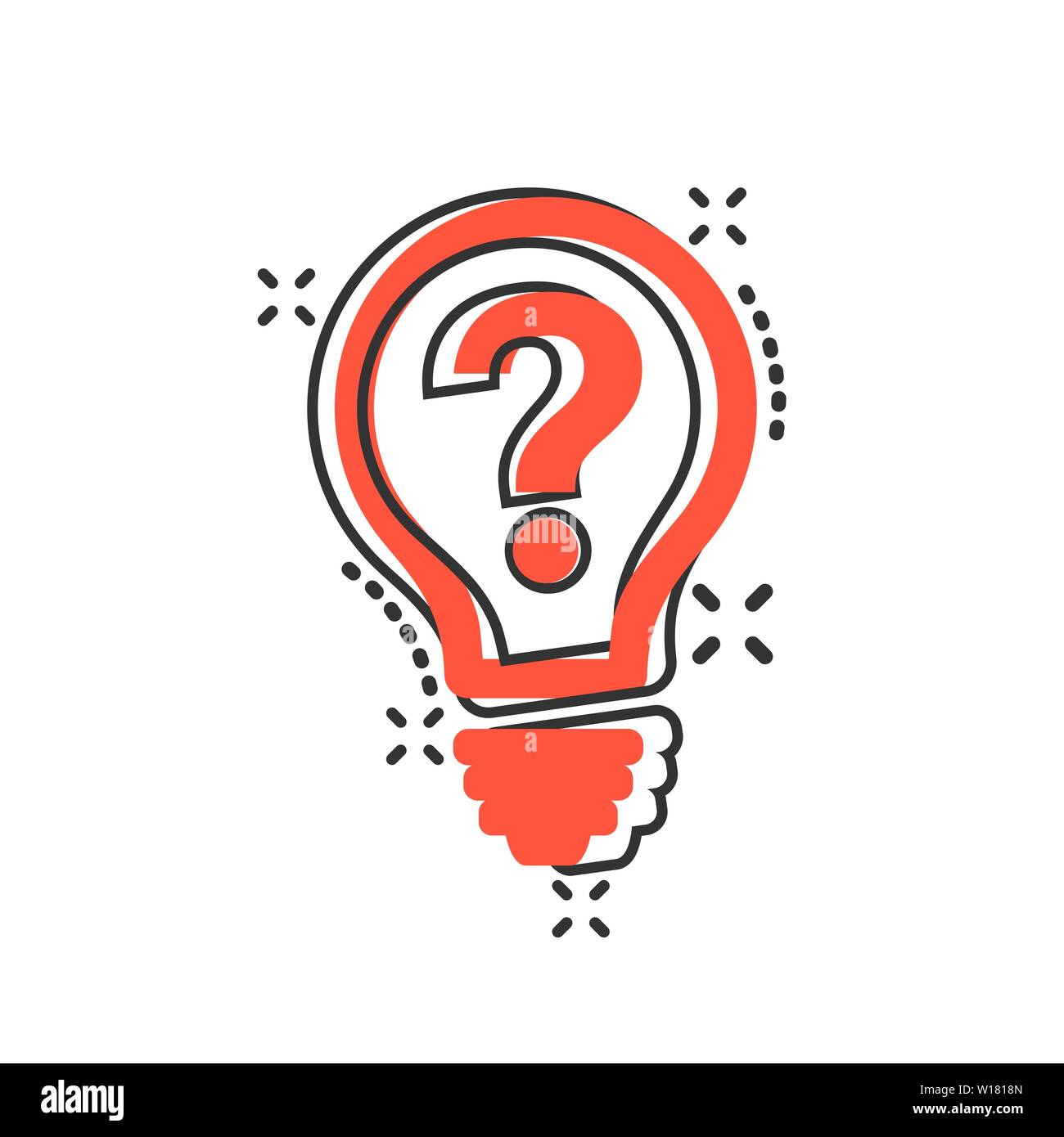 Problem solution icon in comic style. Light bulb idea vector cartoon illustration on white background. Question and answer business concept splash eff Stock Vector