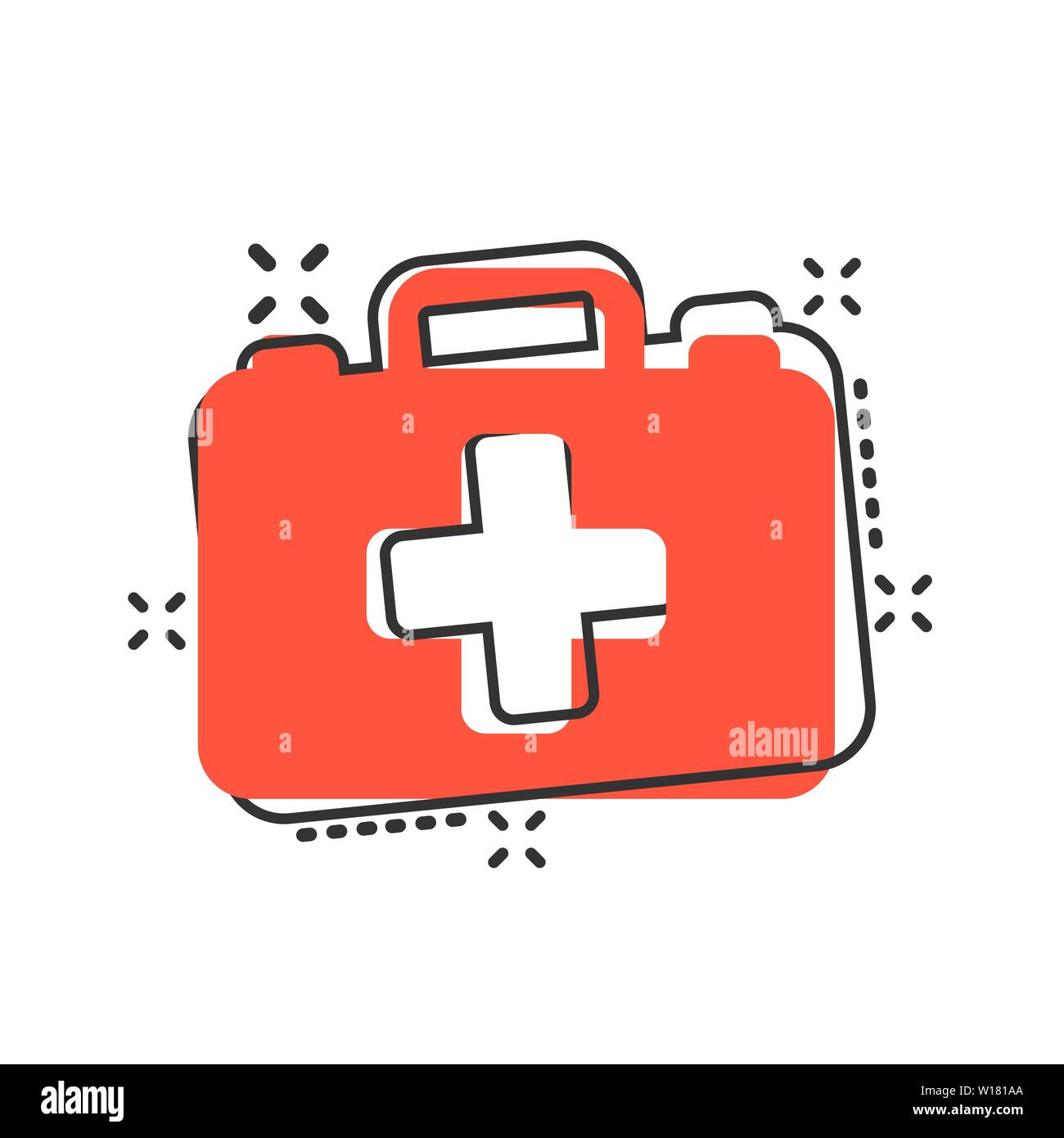 First aid kit icon in comic style. Health, help and medical diagnostics  vector cartoon illustration on white isolated background. Doctor bag  business Stock Vector Image & Art - Alamy